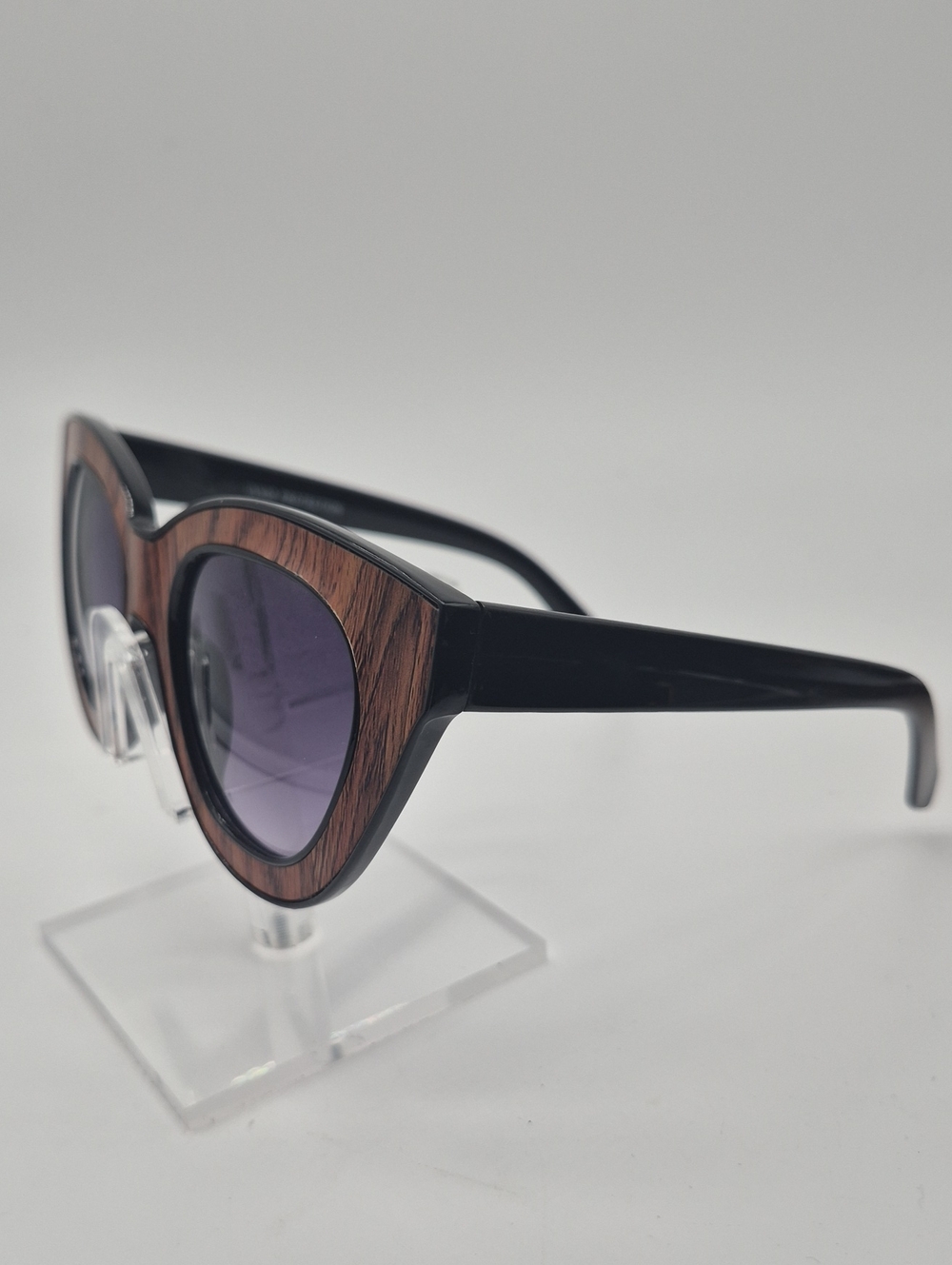 Zero UV- Wood-Trim Black Cat Eye Sunglasses for Women - Purple Lens
